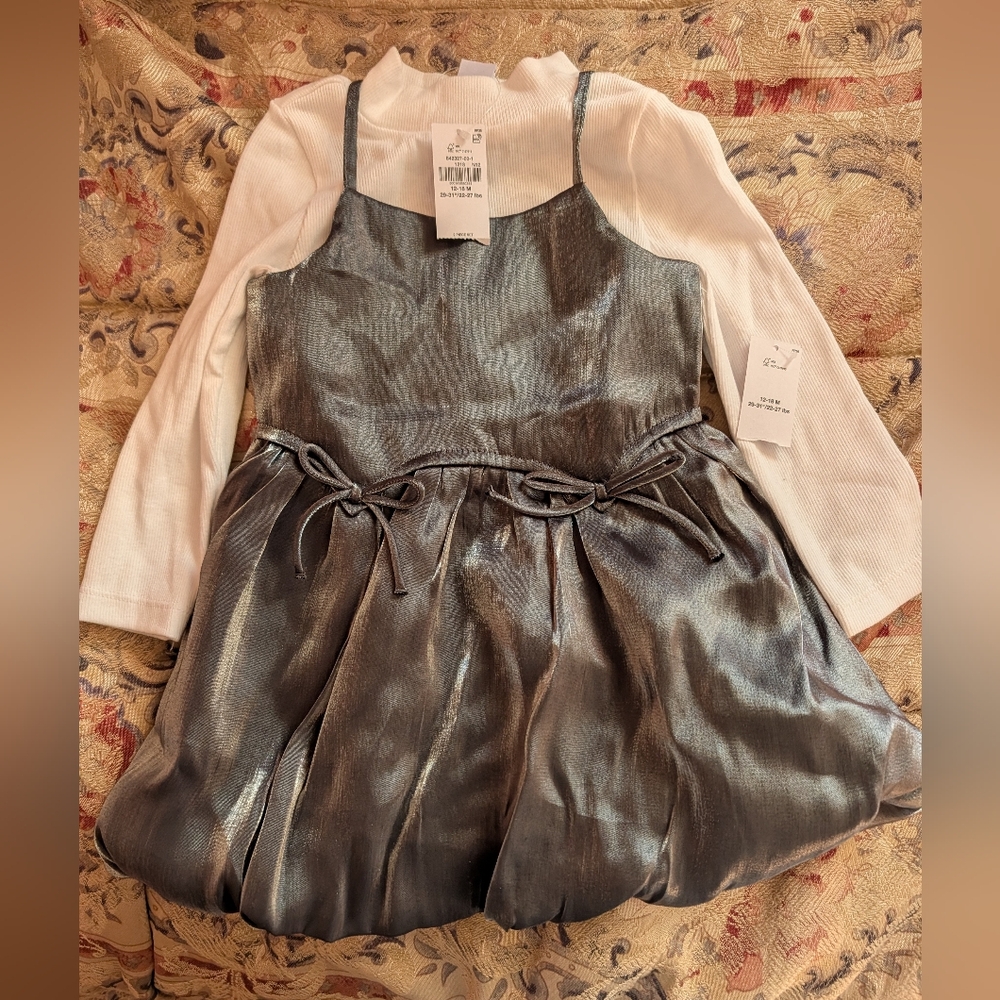 Old Navy Mock-Neck Top and Satin Bubble Dress Set in silver metallic